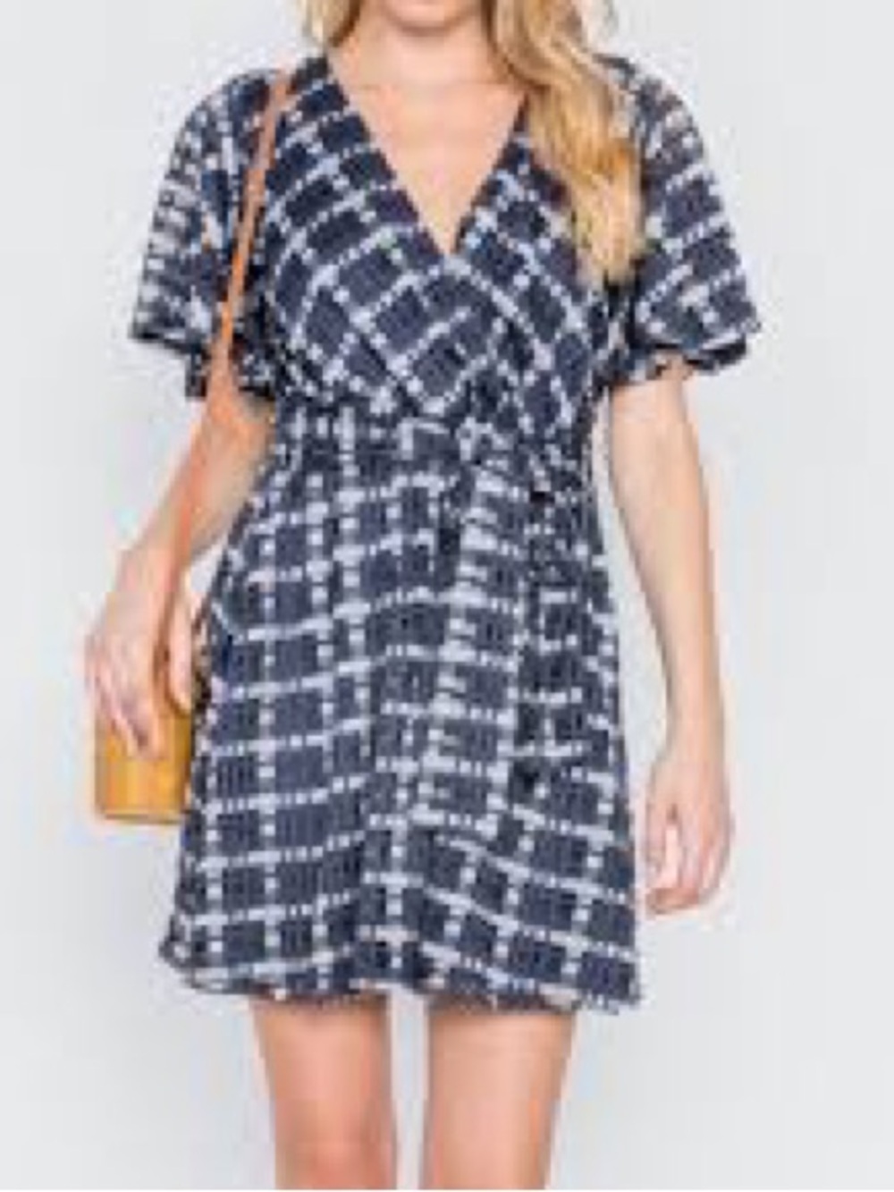 Hummingbird Navy and White Plaid V‑Neck Midi Dress